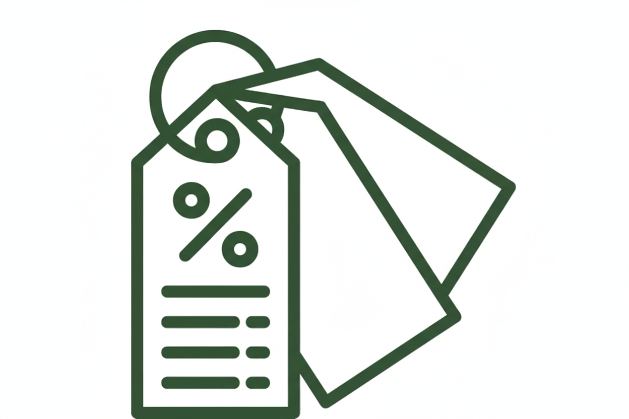 Black and white icon of a price tag with a percentage symbol